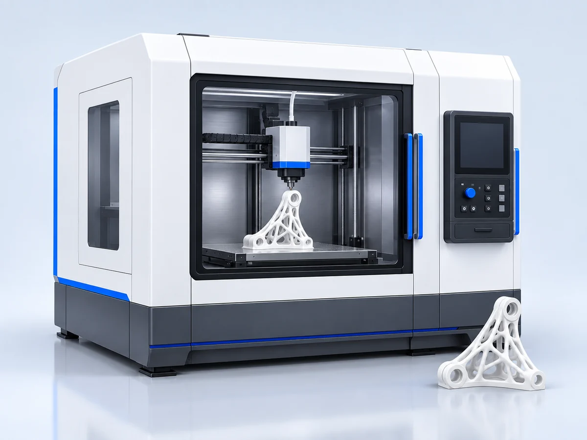 Illustration of an industrial 3D printer with a polymer lattice part.