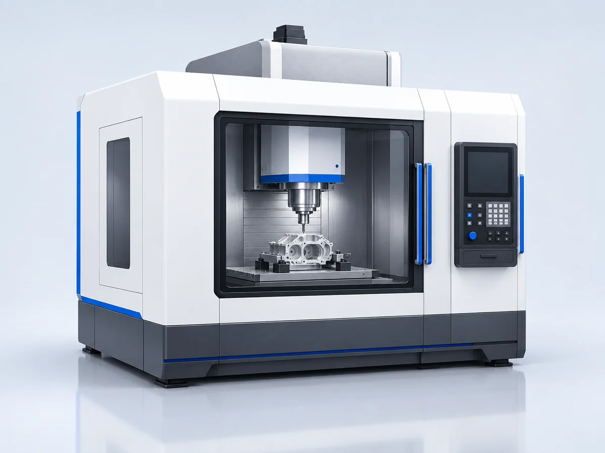 Illustration of a CNC milling centre with a spindle and a clamped aluminium part.