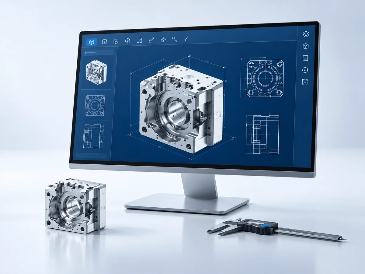 CAD workstation with a 3D model, a metal part and a caliper.