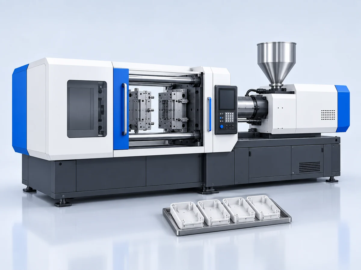 Illustration of an injection moulding machine with a mould and plastic parts.