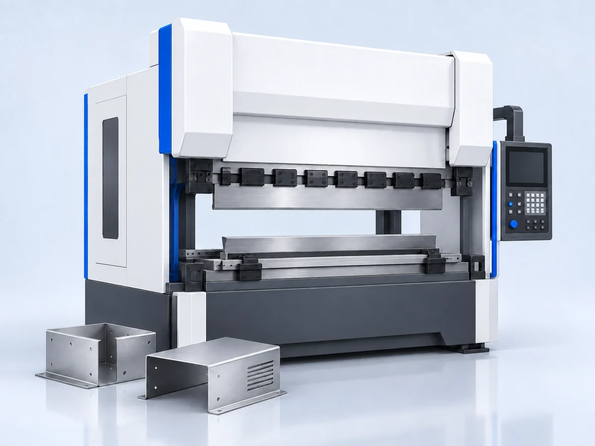 Illustration of a press brake and finished sheet metal housings.