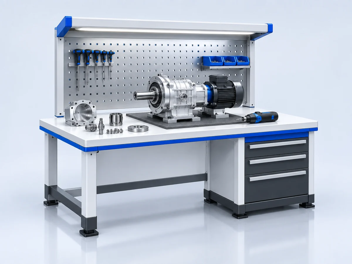 Illustration of a workbench with a mechanical assembly, a motor and precision components.